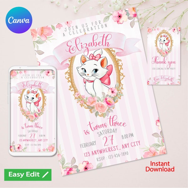 Marie & Aristocats Printable Invitation, Marie Aristocats Invite, Marie Aristocats Birthday Invitation, Party Supplies, Party Printables