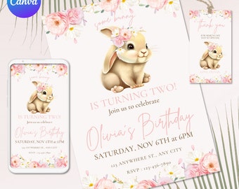 EditableBunny Birthday invitation Pink Floral BunnyParty Invitation Blush Gold FlowerGarden Bunny Birthday template Instant download, canva