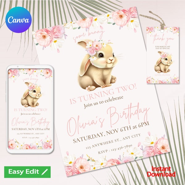 EditableBunny Birthday invitation Pink Floral BunnyParty Invitation Blush Gold FlowerGarden Bunny Birthday template Instant download, canva