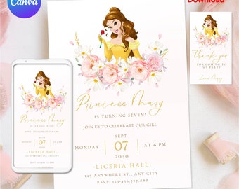 beauty and the beast invitation, digital disney princess belle birthday party invitation, beauty and the beast party decor download, CANVA