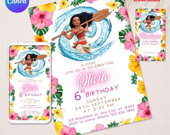 Moana Birthday Invitation, Girl Party Invite Editable Template Custom Printable Instant Download Digital, canva