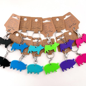 May include: A set of nine pig keychain charms in various colors, including black, blue, green, pink, and purple. Each charm is attached to a silver key ring and a brown tag with the text "EC Show Stock".
