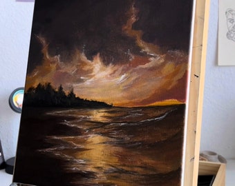 Paysage de coucher de soleil sur la plage fait à la main sur toile