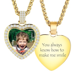 Custom Photo Necklace, Personalized Picture Necklace Heart, Hip Hop Pendant with Cubic Zircon, Simulated Diamond, Memorial Jewelry