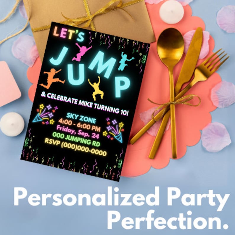 Let's Jump Neon Trampoline Park Glow Kids Birthday Party Invitation ...