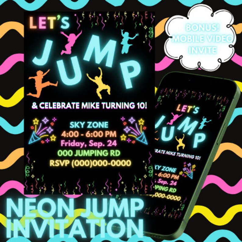 Let's Jump Neon Trampoline Park Glow Kids Birthday Party Invitation ...