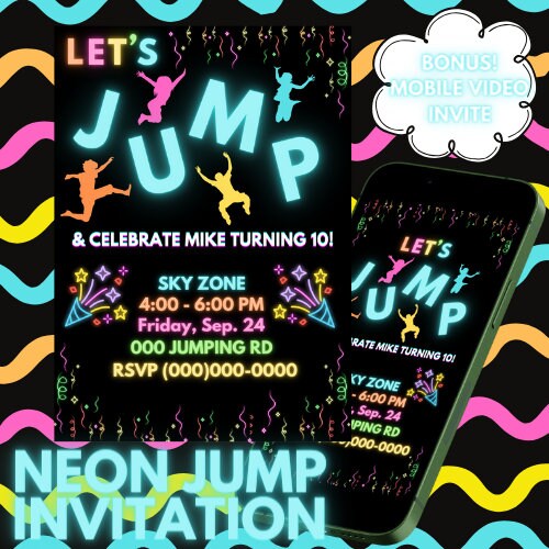 Let's Jump Neon Trampoline Park Glow Kids Birthday Party Invitation ...