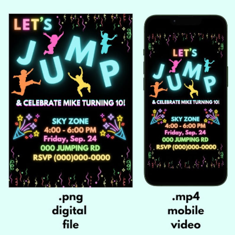 Let's Jump Neon Trampoline Park Glow Kids Birthday Party Invitation ...