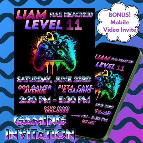 Gaming Xbox PlayStation Neon Electric Kids Birthday Party Invitation, Birthday, Digital Invitation, Invitation Video, Party Invitation