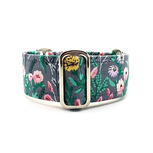 Pink Flowers On Grey Martingale Collar | Floral Martingale |Greyhound Collar |Whippet Collar |Anti Slip Training Collar | 38MM 50MM Collar