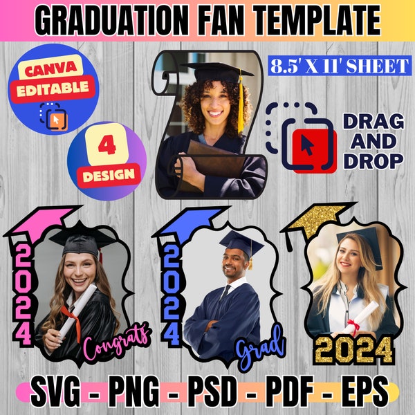 Grad Paddle Fan Template Bundle, Grad Fan, Graduation Fan Template, Graduation Fan, Grad 2024, Graduation Cake Topper Template, Canva Edit