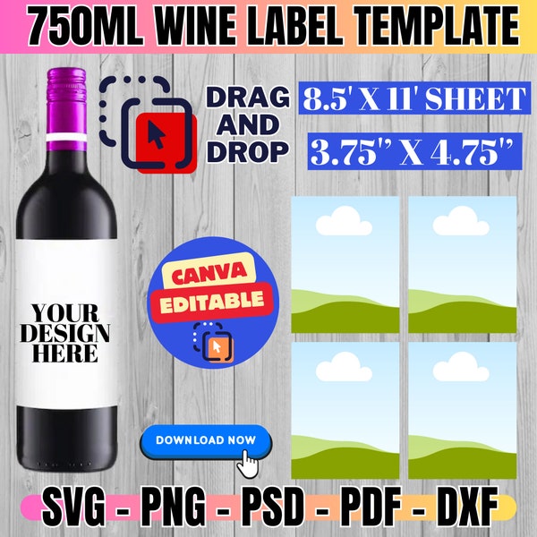 Wine Label Template, 750ml Mini Wine Label Template, Wine Label Svg, Wine Bottle Tag, Personalized Wine Label, Printable, Canva Editable