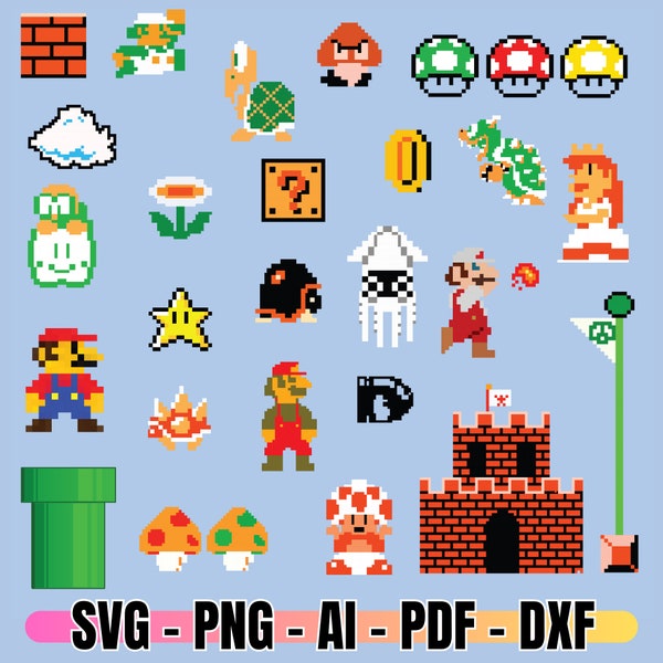 Super Mario Bros , Clipart, Mario, Pixels, 8-bit, Vector, SVG, Classic, Game, Art, Digital, Stamp, Scrapbook, Instant Download, Clip art