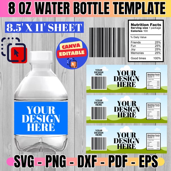 8oz Water Bottle Label Blank Template, Water Bottle Label Template, DIY Label Template, Water Bottle Sticker, Party Favors, Canva Editable