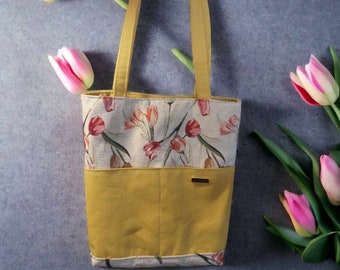 Summer Tote Bag, Gobelin and canvas fabric summer bag with cotton lining, Canvas made shoulder strap, Unique quality handmade, Flower Tote.