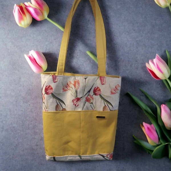 Summer Tote Bag, Gobelin and canvas fabric summer bag with cotton lining, Canvas made shoulder strap, Unique quality handmade, Flower Tote.