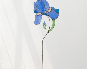 Stained glass Iris flower botanical art Leaves plant suncatcher Table decor for living room Mother's Day Gift