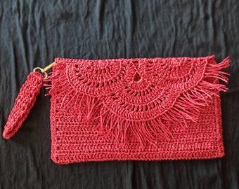 Crochet Raffia Handbag / Red Paper Drawstring Handbag / Crochet Bag Models / Rafia Portfolio Bag / Evening bag / Wicker Handbag / Gift idea