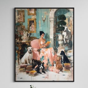 Paws and Pages - Fine Art Print, Giclée, Giclée Print, Original Art, Whimsical Art, The Pretty Brush Art, Dog Art, Library Decor, Calm