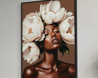 Black woman art | printable wall art | DIGITAL DOWNLOAD | Flower Head | African portrait | Black art print | flowers | hair flowers | flower