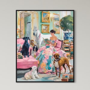 Book Dogs and Horse - Fine Art Print, Giclée, Giclée Print, Original Art, Whimsical Art, The Pretty Brush Art, Dog Art, Library Decor, Calm