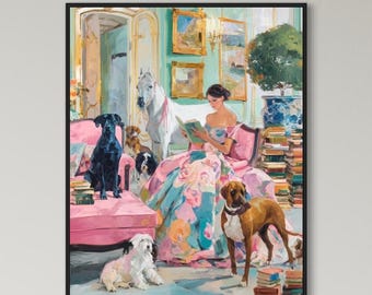 Puede incluir: Una pintura enmarcada representa a una mujer leyendo en una habitación con varios perros y un caballo blanco. La mujer lleva un vestido floral rosa y azul. Un perro negro está sentado en un sofá rosa, y un perro marrón está de pie en primer plano.