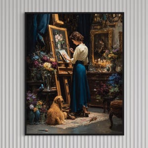 Die Malerin Muse - Kunstdruck, Giclée, Giclée-Druck, Originalkunstwerk, wunderliche Kunst, Die hübsche Pinselkunst, Hundekunst, Bettdekor, Tierkunst