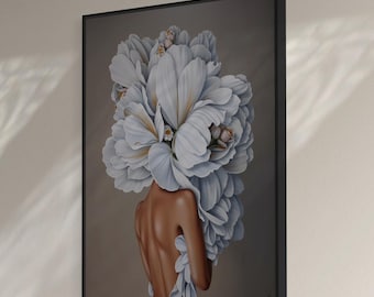May include: A painting of a person with white flowers covering their head and shoulders. The person's back is facing the viewer. The background is a light brown color.