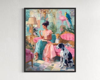 Puede incluir: Una impresión artística enmarcada representa a una mujer con un vestido rosa sentada en un sofá rosa, leyendo. Un leopardo, un dálmata, un flamenco y un loro también están en la escena. La obra de arte tiene un estilo vintage, colorido y caprichoso.