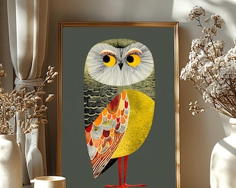 Golden Owl Art Print, Whimsical Home Decor, Wall Decoration, Bedroom, Kitchen & Dining, Living Room
