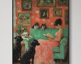 Books and Dogs Art Print, Giclée Print: Whimsical Cottage decor Animal Wall