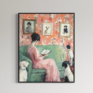 Book and Dogs - Fine Art Print, Giclée, Giclée Print, Original Art, Whimsical Art, The Pretty Brush Art, Dog Art, Library Decor, Animal Art