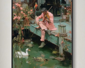 Kunstprint man met viool: grillig giclée-bibliotheekdecor