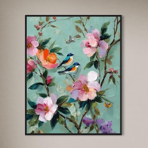 Birds and Flowers - Fine Art Print, Giclée, Giclée Print, Original Art, Whimsical Art, Grandmillennial Art , Bird Art, Dog Art, Animal Art