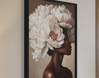 Black woman art | printable wall art | DIGITAL DOWNLOAD | Flower Head | African portrait | Black art print | flowers | hair flowers | flower