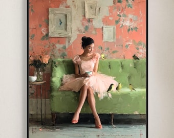Ballerina dancers On Couch Art Print: Whimsical Library Decor, Giclee Framed Decoration