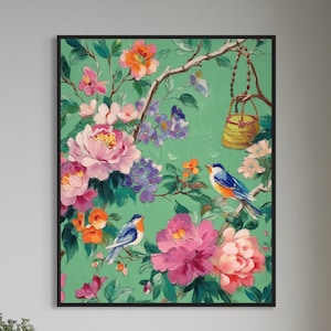 Birds and Flowers - Fine Art Print, Giclée, Giclée Print, Original Art, Whimsical Art, Grandmillennial Art , Bird Art, Dog Art, Animal Art