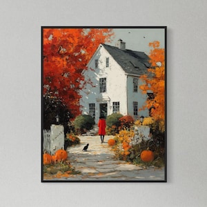 Orange Cottage - Fine Art Print, Giclée, Giclée Print, Original Art, Whimsical Art, The Pretty Brush Art, Dog Art, Library Decor, Animal Art