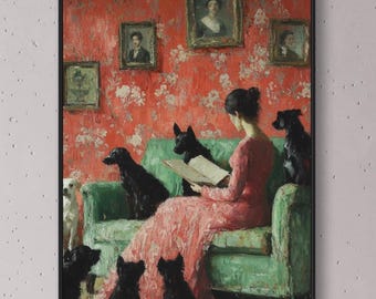 Books and Dogs Art Print, Giclée Print: Whimsical Cottage decor Animal Wall