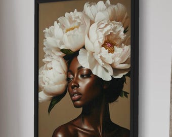 Black woman art | printable wall art | DIGITAL DOWNLOAD | Flower Head | African portrait | Black art print | flowers | hair flowers | flower