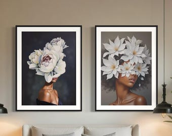 Schwarze Frau Floral Kunstdruck Set: Botanische Schleier Kollektion (Digitaler Download)