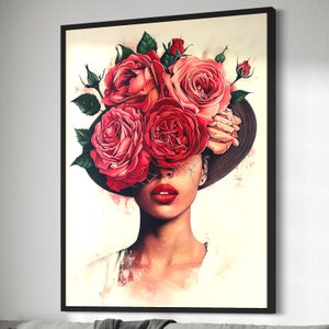 Black woman printable wall art | DIGITAL DOWNLOAD | Floral wall art | African portrait | Black art print | Black woman flowers art print