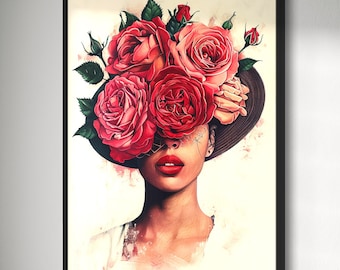 Black woman printable wall art | DIGITAL DOWNLOAD | Floral wall art | African portrait | Black art print | Black woman flowers art print