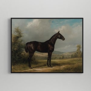 Vintage Horse Art Print | Antique Equestrian Painting of Brown Horse in Landscape | Rustic Farmhouse Wall Decor, Vintage Horse Decor