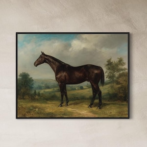 Vintage Horse Art Print | Antique Equestrian Painting of Brown Horse in Landscape | Rustic Farmhouse Wall Decor, Vintage Horse Decor