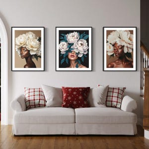 3 Set Bundle, Black art, woman printable wall art | DIGITAL DOWNLOAD | Floral wall art | Black art print | Black woman flowers art print