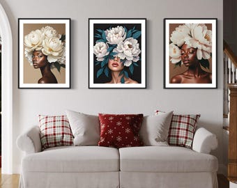 Schwarze Frau Floral Kunstdruck Set: Botanische Schleier Kollektion (Digitaler Download)