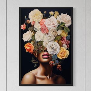 Flower Head Surreal Art Portrait Prints: Modern Antique Oil Painting Collage Art