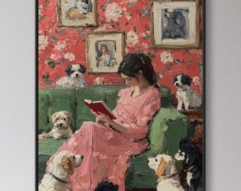 Books and Dogs Art Print, Giclée Print: Whimsical Cottage decor Animal Wall