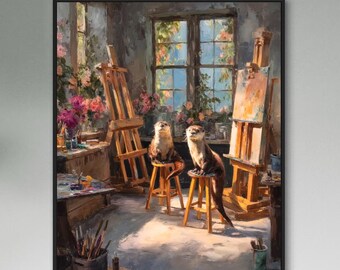 Otters Painting Art Print: Whimsical Animal Wall Art